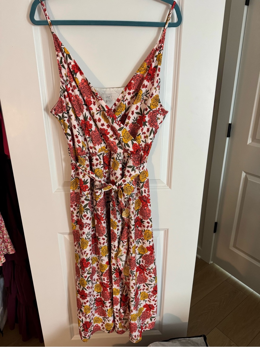 Floral Spaghetti-Strap Wrap Midi Dress - White with Coral & Yellow Floral